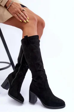Zamszowe Kozaki Damskie Na Słupku Czarne Khabira