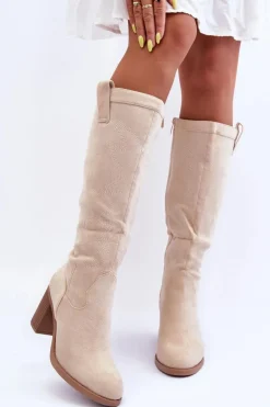 Zamszowe Kozaki Damskie Na Słupku Jasnobeżowe Khabira
