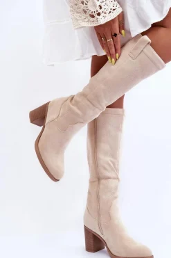 Zamszowe Kozaki Damskie Na Słupku Jasnobeżowe Khabira