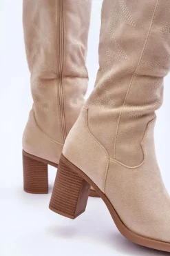 Zamszowe Kozaki Damskie Na Słupku Jasnobeżowe Khabira