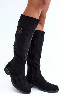 Zamszowe Kozaki Damskie Na Płaskim Obcasie Czarne Albuna