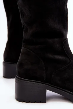 Zamszowe Kozaki Damskie Na Płaskim Obcasie Czarne Saranai