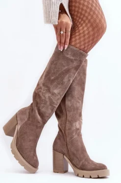 Zamszowe Kozaki Damskie Na Słupku Ciemnobeżowe Lewski 3371