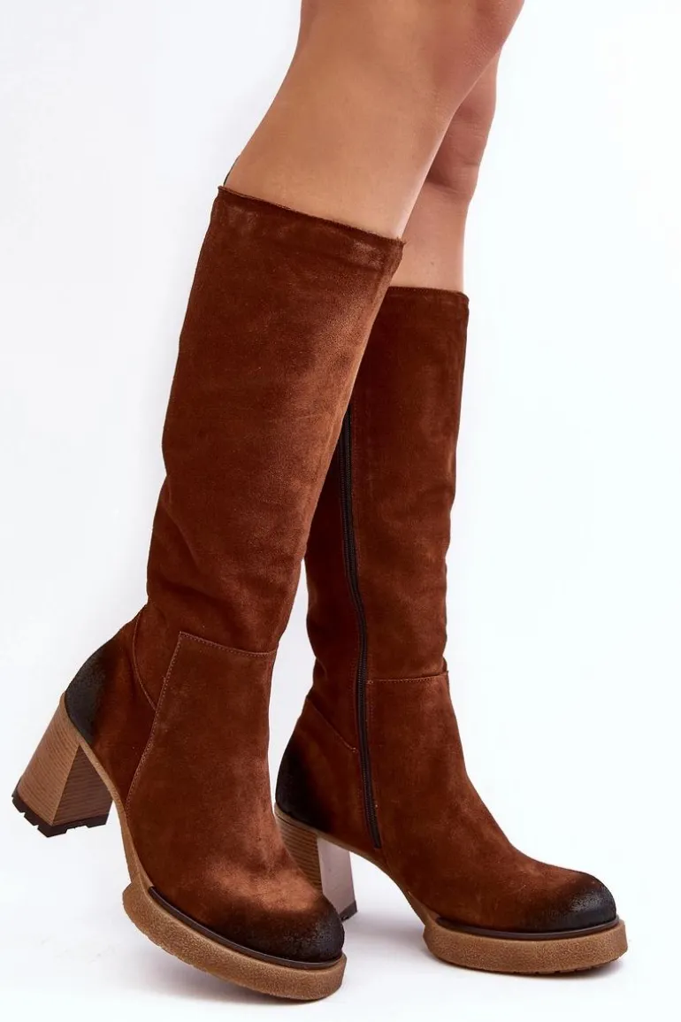 Zamszowe Kozaki Damskie Na Słupku Przed Kolano Lemar Ciemnobrązowe Ceraxa