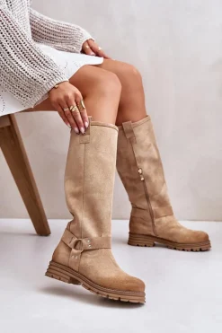 Zamszowe Kozaki Damskie Przed Kolano Lewski 3615 Beżowe