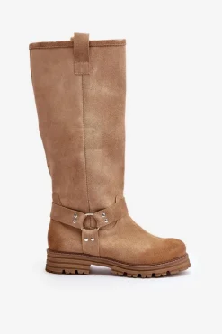 Zamszowe Kozaki Damskie Przed Kolano Lewski 3615 Beżowe