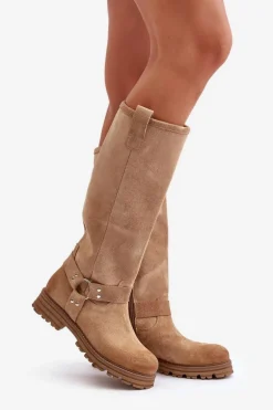 Zamszowe Kozaki Damskie Przed Kolano Lewski 3615 Beżowe