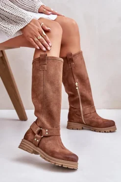 Zamszowe Kozaki Damskie Przed Kolano Lewski 3615 Brązowe