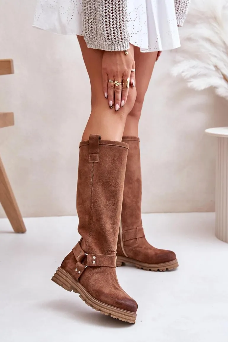 Zamszowe Kozaki Damskie Przed Kolano Lewski 3615 Brązowe