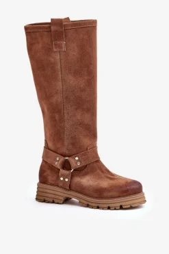 Zamszowe Kozaki Damskie Przed Kolano Lewski 3615 Brązowe