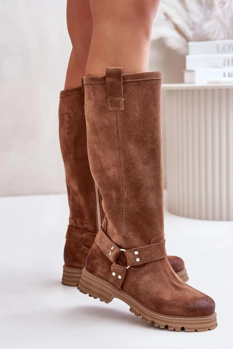Zamszowe Kozaki Damskie Przed Kolano Lewski 3615 Brązowe