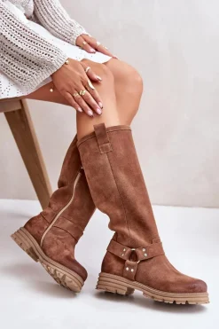 Zamszowe Kozaki Damskie Przed Kolano Lewski 3615 Brązowe