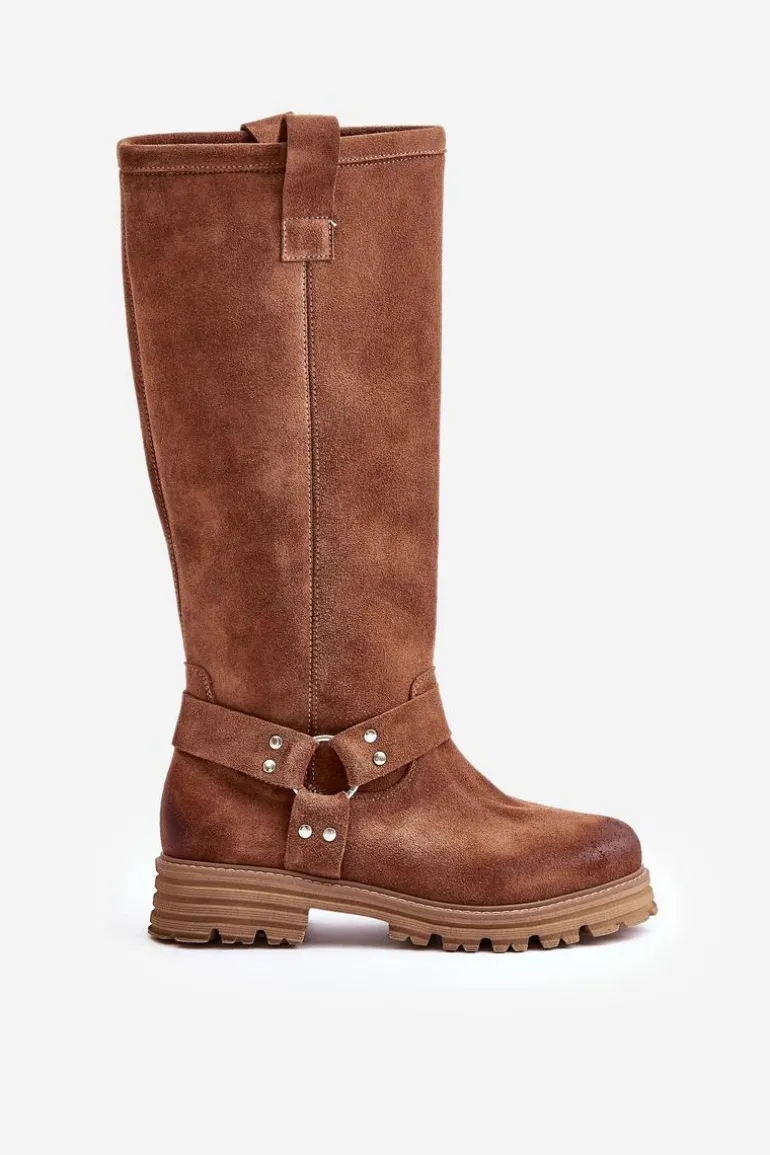 Zamszowe Kozaki Damskie Przed Kolano Lewski 3615 Brązowe