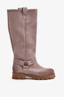 Zamszowe Kozaki Damskie Przed Kolano Lewski 3615 Cappucino