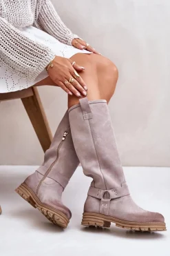 Zamszowe Kozaki Damskie Przed Kolano Lewski 3615 Cappucino