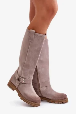Zamszowe Kozaki Damskie Przed Kolano Lewski 3615 Cappucino