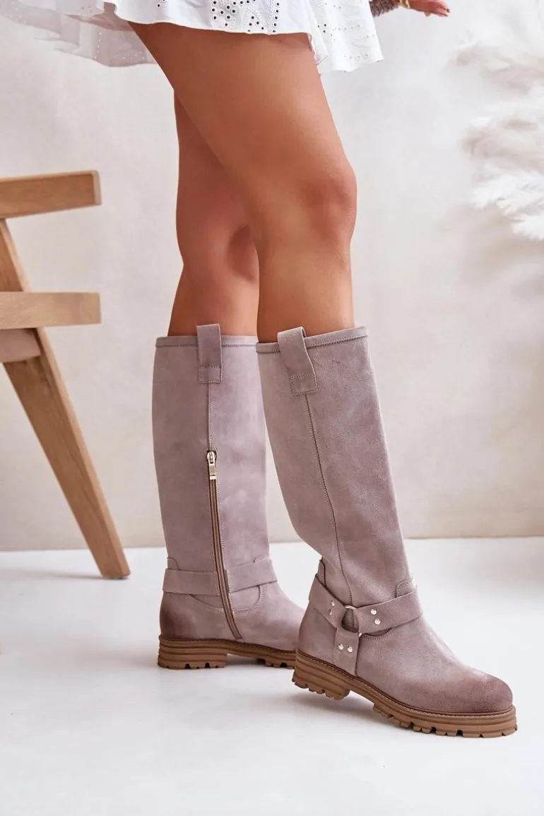 Zamszowe Kozaki Damskie Przed Kolano Lewski 3615 Cappucino