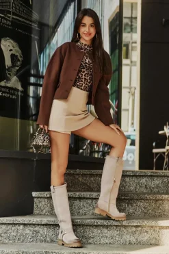 Zamszowe Kozaki Damskie Przed Kolano Lewski 3615 Cappucino