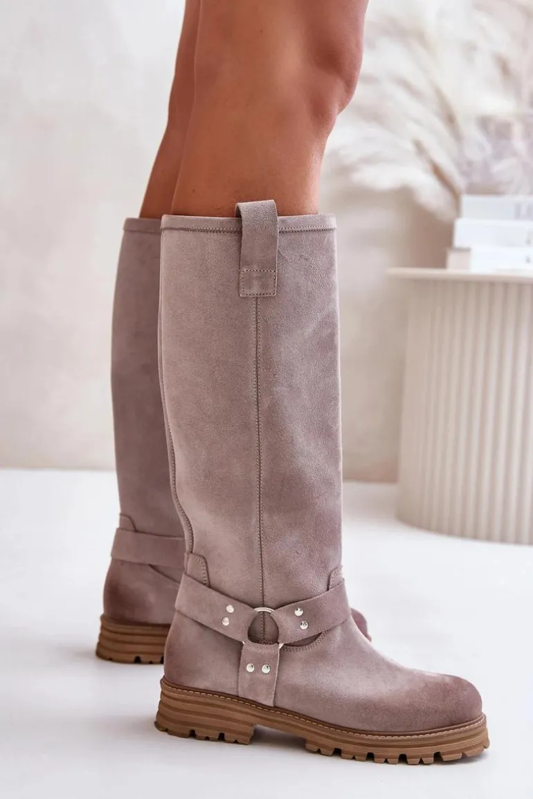 Zamszowe Kozaki Damskie Przed Kolano Lewski 3615 Cappucino