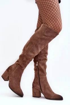 Zamszowe Kozaki Damskie Za Kolano Beżowe Favana