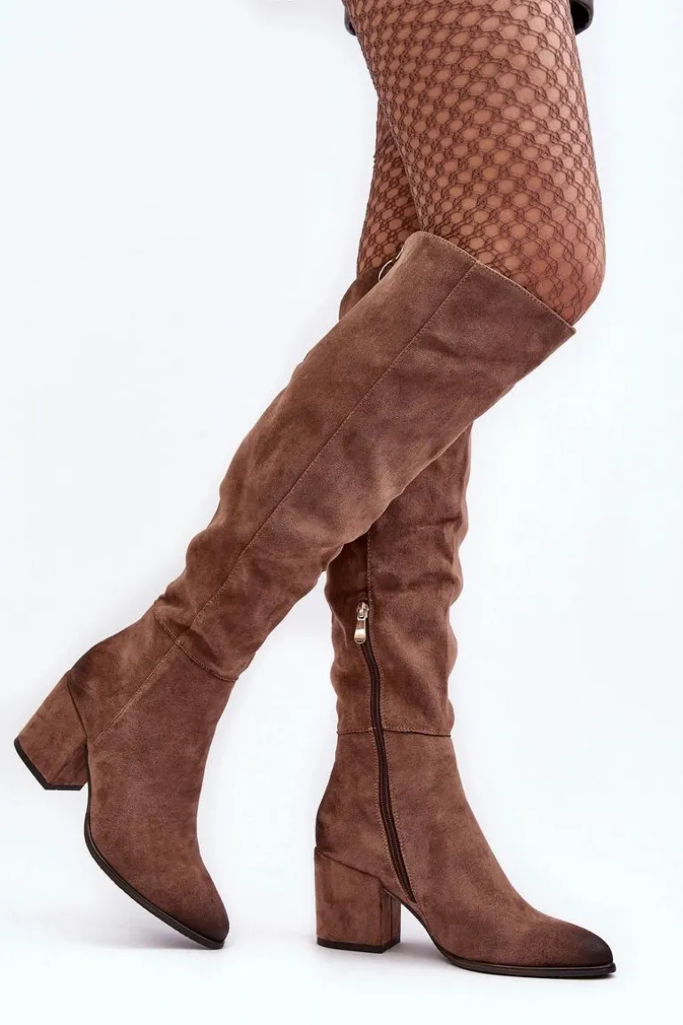 Zamszowe Kozaki Damskie Za Kolano Beżowe Favana