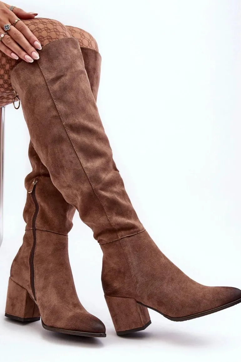 Zamszowe Kozaki Damskie Za Kolano Beżowe Favana