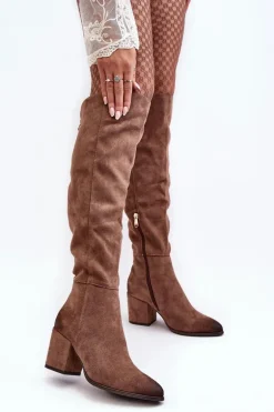 Zamszowe Kozaki Damskie Za Kolano Beżowe Favana