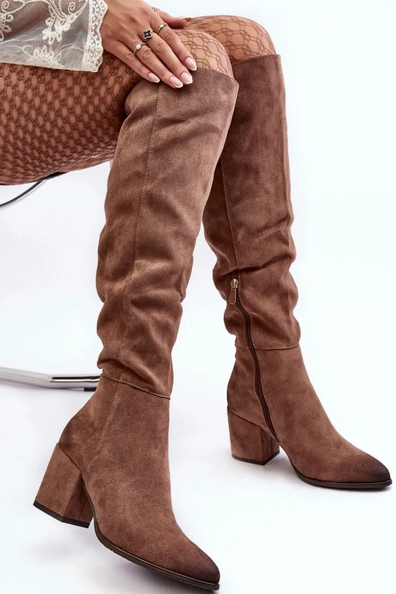 Zamszowe Kozaki Damskie Za Kolano Beżowe Favana