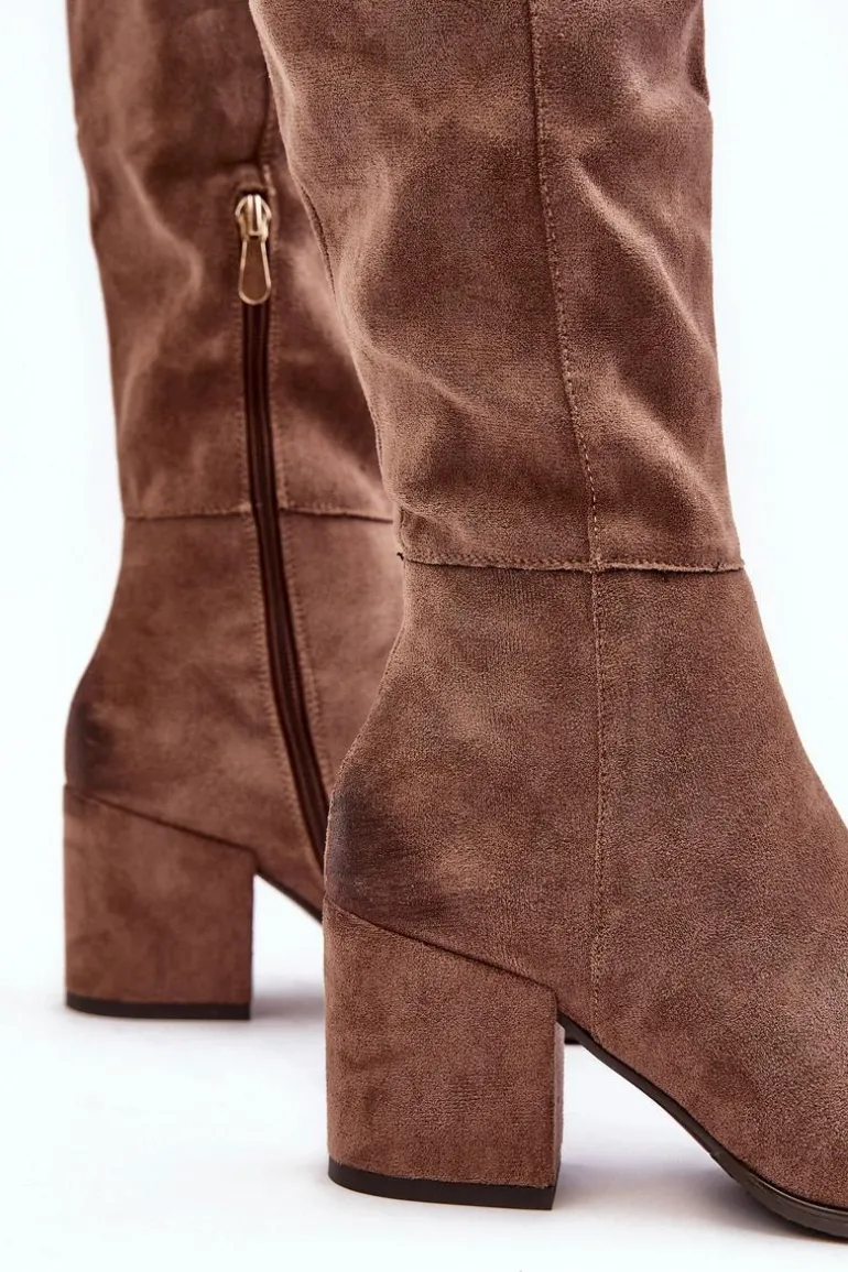 Zamszowe Kozaki Damskie Za Kolano Beżowe Favana