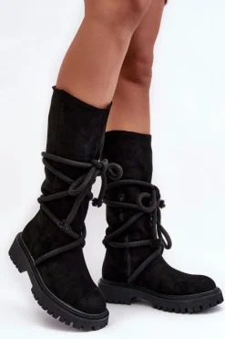 Zamszowe Kozaki Damskie Z Wiązaniem Czarne Tanive