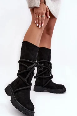 Zamszowe Kozaki Damskie Z Wiązaniem Czarne Tanive