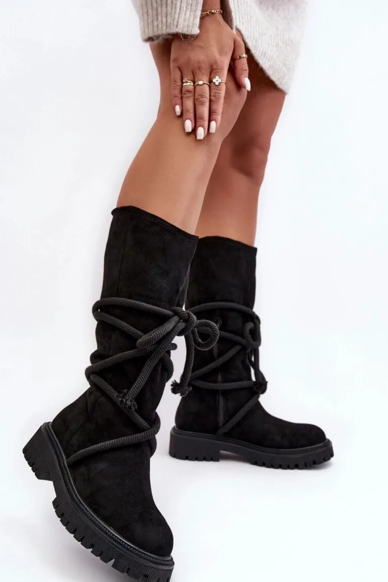 Zamszowe Kozaki Damskie Z Wiązaniem Czarne Tanive