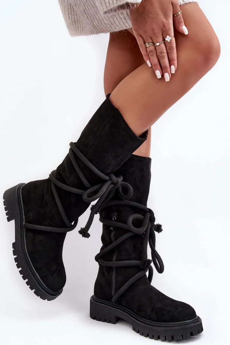 Zamszowe Kozaki Damskie Z Wiązaniem Czarne Tanive