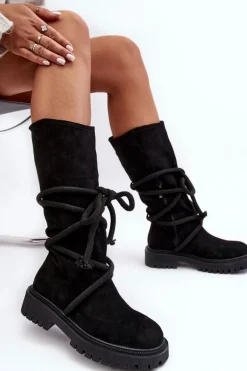 Zamszowe Kozaki Damskie Z Wiązaniem Czarne Tanive
