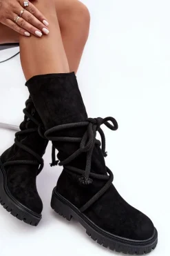 Zamszowe Kozaki Damskie Z Wiązaniem Czarne Tanive