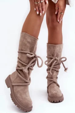 Zamszowe Kozaki Damskie Z Wiązaniem Beżowe Tanive
