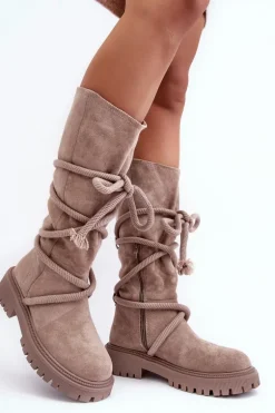 Zamszowe Kozaki Damskie Z Wiązaniem Beżowe Tanive