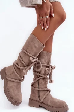 Zamszowe Kozaki Damskie Z Wiązaniem Beżowe Tanive