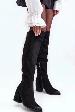 Zamszowe Kozaki Damskie Za Kolano Czarne Favana