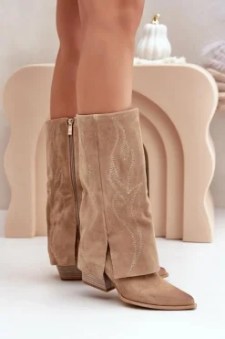 Zamszowe Kozaki Do Połowy Łydki Z Wywiniętą Cholewką Na Słupku Beżowe Zazoo 3487