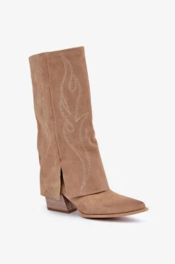 Zamszowe Kozaki Do Połowy Łydki Z Wywiniętą Cholewką Na Słupku Beżowe Zazoo 3487