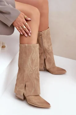 Zamszowe Kozaki Do Połowy Łydki Z Wywiniętą Cholewką Na Słupku Beżowe Zazoo 3487