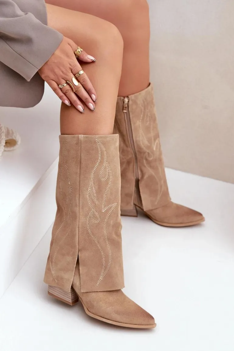 Zamszowe Kozaki Do Połowy Łydki Z Wywiniętą Cholewką Na Słupku Beżowe Zazoo 3487