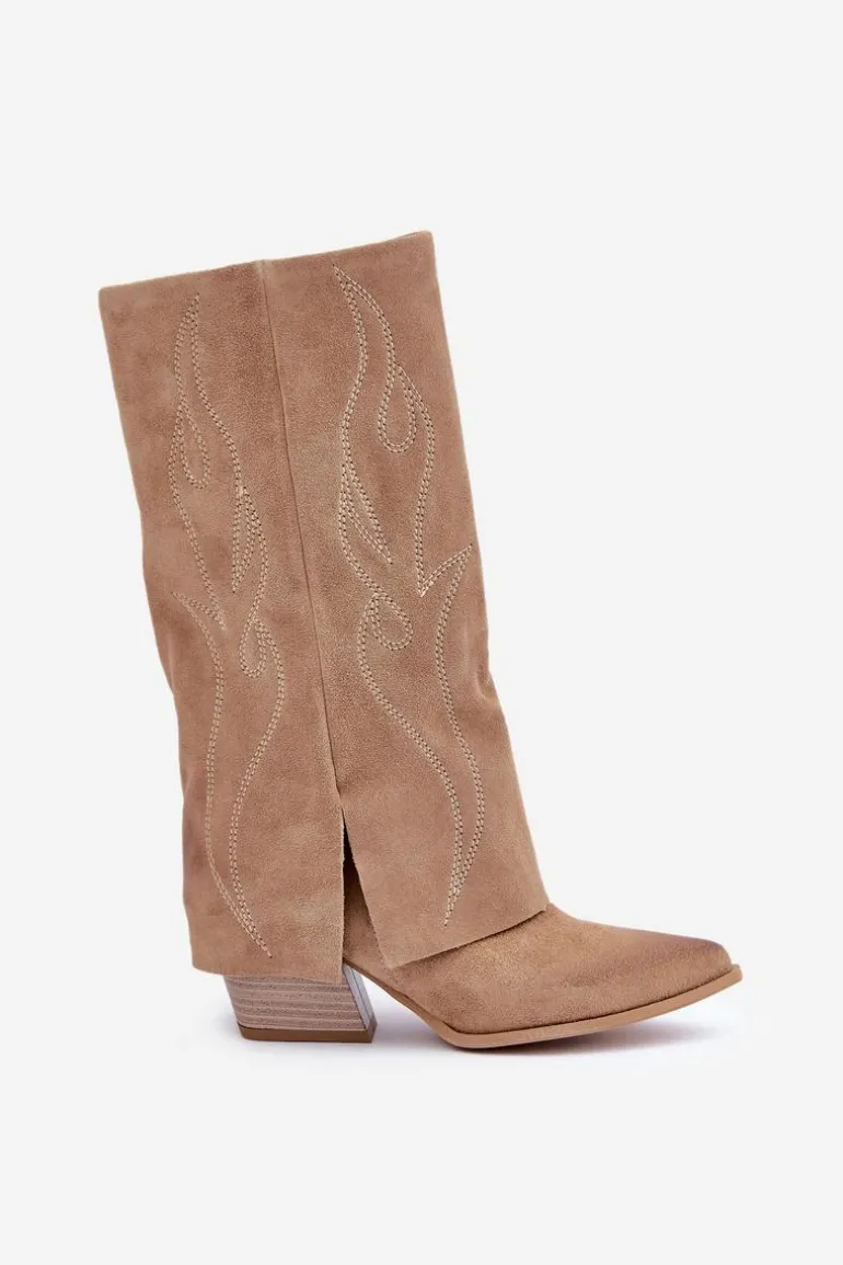 Zamszowe Kozaki Do Połowy Łydki Z Wywiniętą Cholewką Na Słupku Beżowe Zazoo 3487