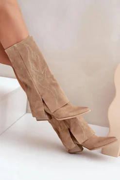 Zamszowe Kozaki Do Połowy Łydki Z Wywiniętą Cholewką Na Słupku Beżowe Zazoo 3487