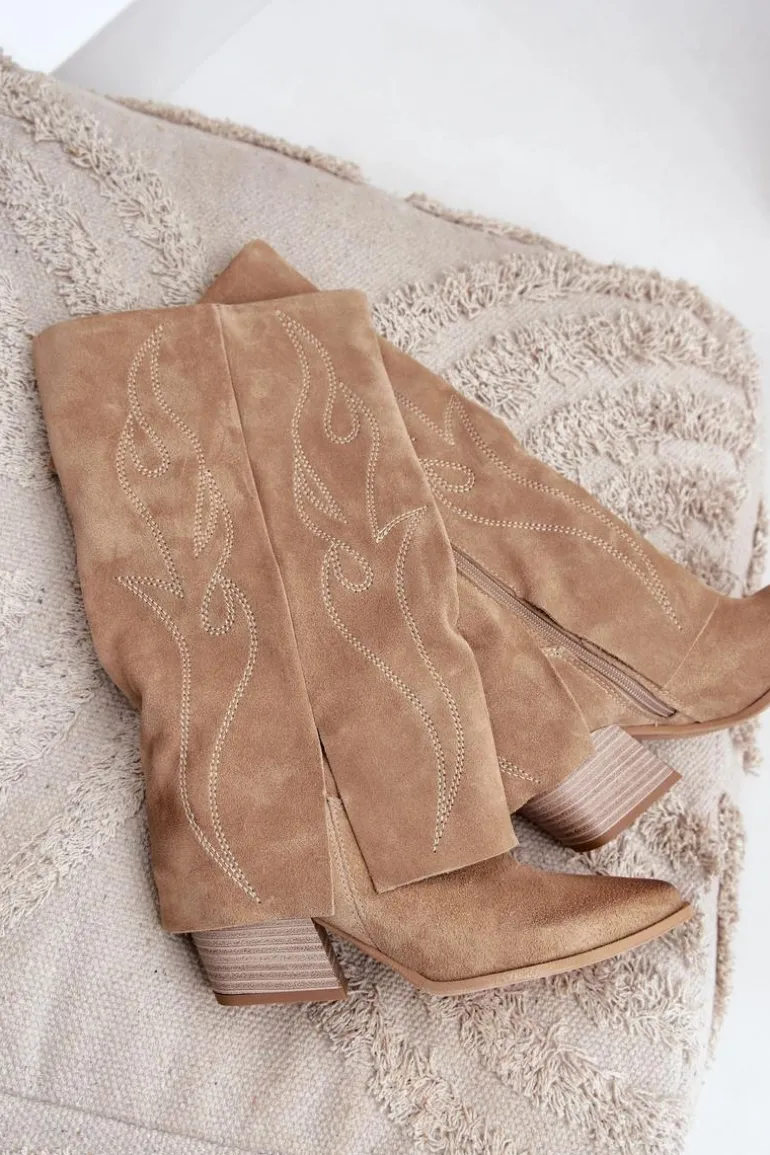 Zamszowe Kozaki Do Połowy Łydki Z Wywiniętą Cholewką Na Słupku Beżowe Zazoo 3487