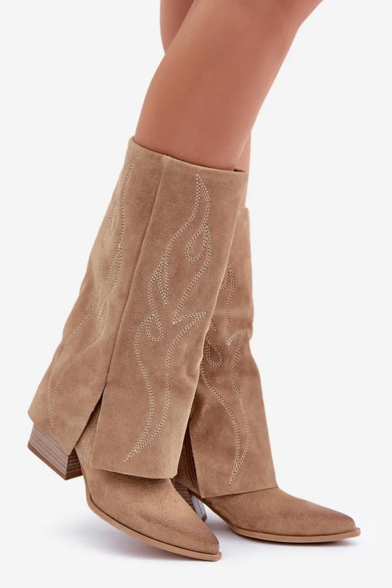 Zamszowe Kozaki Do Połowy Łydki Z Wywiniętą Cholewką Na Słupku Beżowe Zazoo 3487