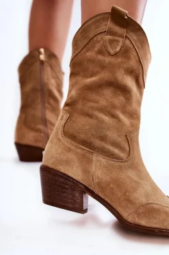 Zamszowe Kozaki Kowbojki Lewski Shoes 3198 Beżowe