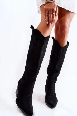 Zamszowe Kozaki Kowbojki Z Przeszyciami Czarne Beverly