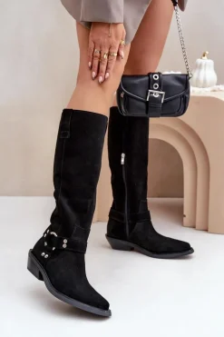 Zamszowe Kozaki Kowbojki Na Niskim Obcasie Z Ozdobą Zazoo 3656 Czarne
